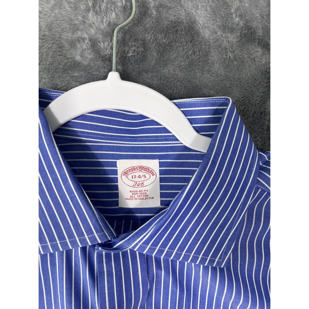 Brooks Brothers 346 Mens 17-4/5 Blue White Stripe Non-Iron Cotton Dress Shirt - Picture 5 of 13